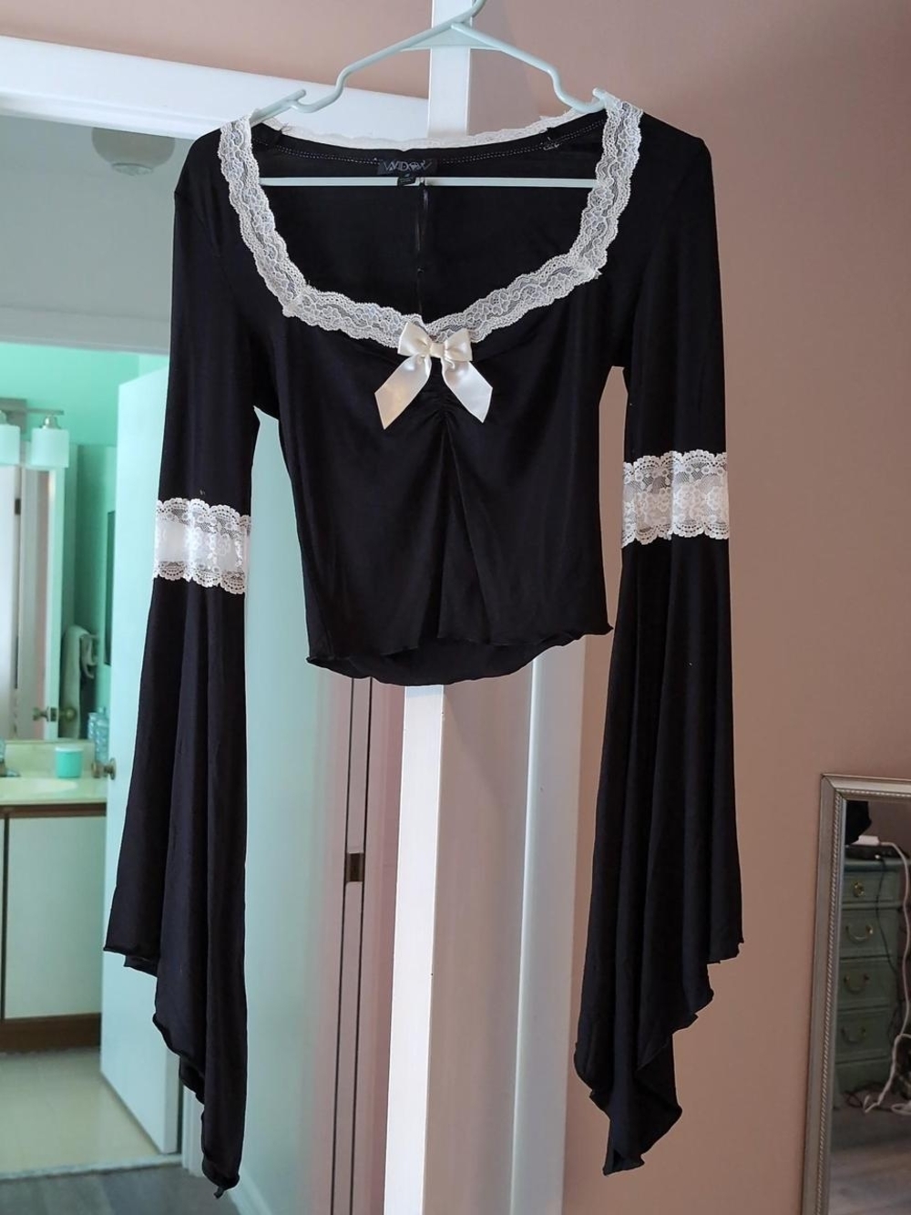 Widow Black Crop Top with Ivory Lace & Bow And Bell Sleeves